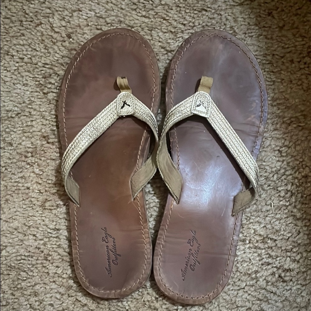 American Eagle Outfitters Women's Brown and Gold Flip Flops